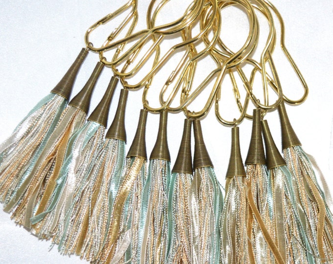 Shower Curtain Hooks, Boho Silky Tassels, Ribbon/thread, Ivorygoldmintsagegreen, Antique