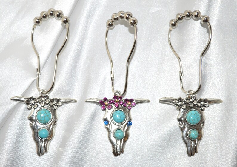 Cow Shower Curtain Hooks Steer Bull Skull Boho With Turquoise Etsy