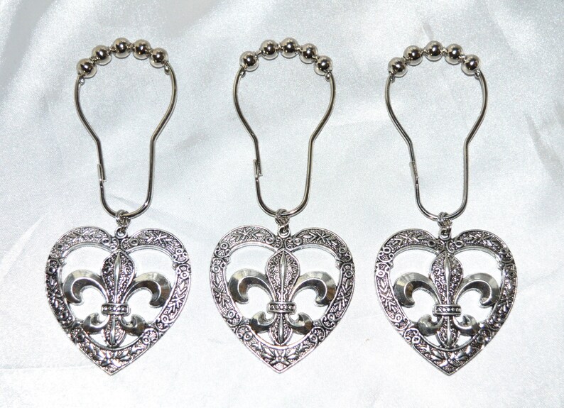 Fleur De Lis In Heart Shower Curtain Hooks Set Of 12 Silver Textured French Lily Royal Meval Heraldry Country Chic Shabby