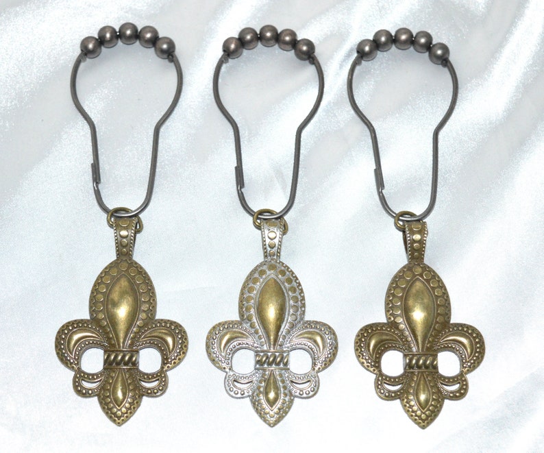 Fleur De Lis Shower Curtain Hooks Set Of 12 Xl Antique Bronze Optional Silver Pewter Patina Shabby Lily Saints French Cottage Chic