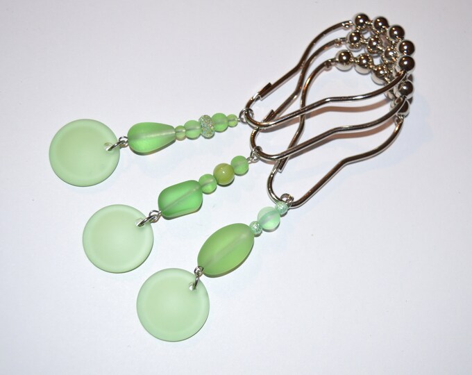 Green Sea Glass Shower Curtain Hooks, Peridot Lime Kiwi Green Beach