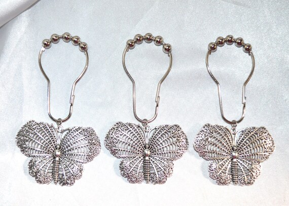 Butterfly Shower Curtain Hooks Silver Filigree Butterflies Etsy