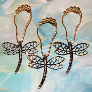 Dragonfly Shower Curtain Hooks, Antique Bronze, Oil Rubbed Bronze or Gold Roller Ball Hooks, Set of 12, Openwork/Cutout, Large Dragonflies