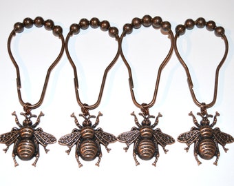 Bee Shower Curtain Hooks, Set of 12, Choice Antique Silver Bronze or Copper, Optional Patina, Garden Honey Bumble Bees, Detailed & Textured