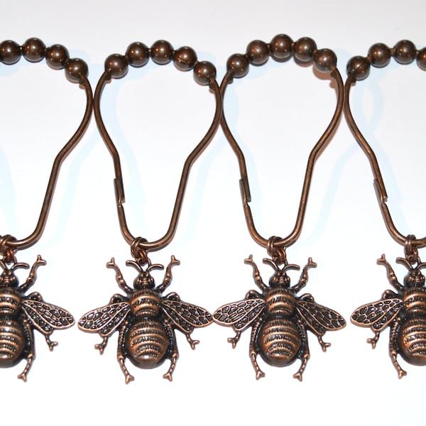 Bee Shower Curtain Hooks, Set of 12, Choice Antique Silver Bronze or Copper, Optional Patina, Garden Honey Bumble Bees, Detailed & Textured