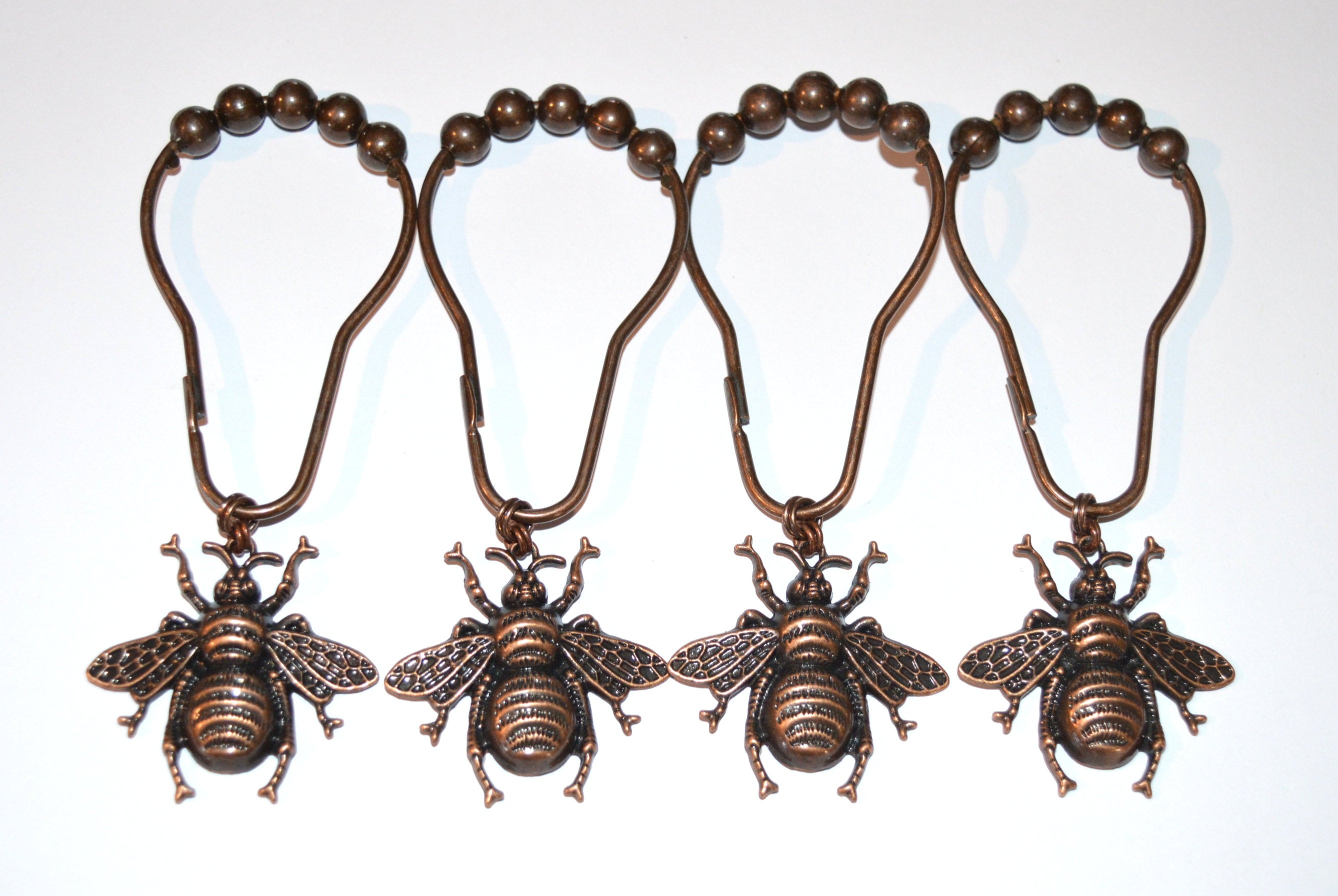 Bee Shower Curtain Hooks, Set of 12, Choice Antique Silver Bronze or Copper, Optional Patina, Garden Honey Bumble Bees, Detailed & Textured