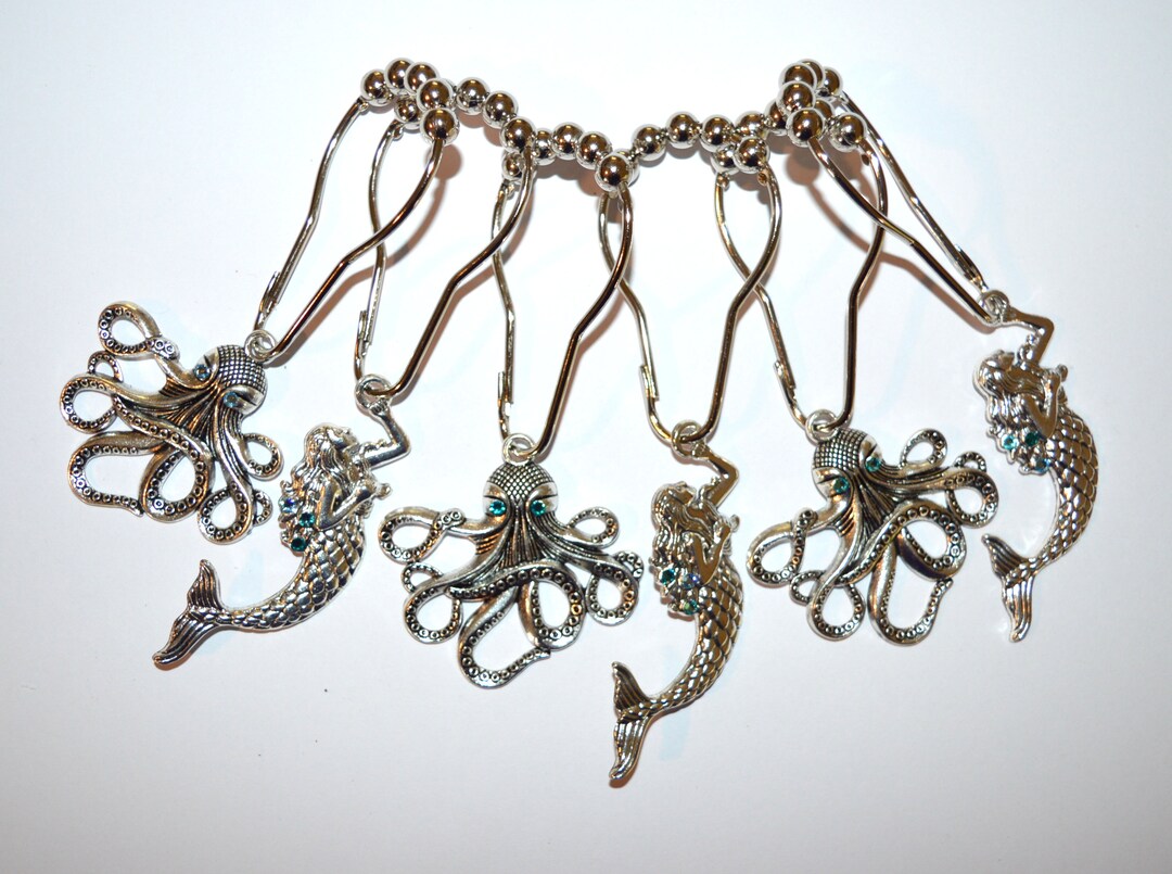 Octopus & Mermaid Shower Curtain Hooks, Antique Silver, With Aqua Blue ...