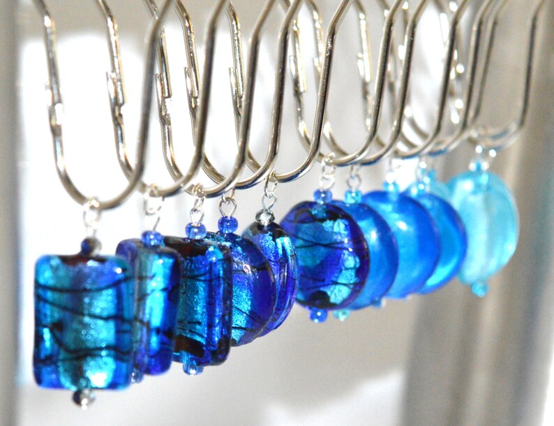 Fused Glass Shower Curtain Hooks Blue Black Silver Lampwork Etsy