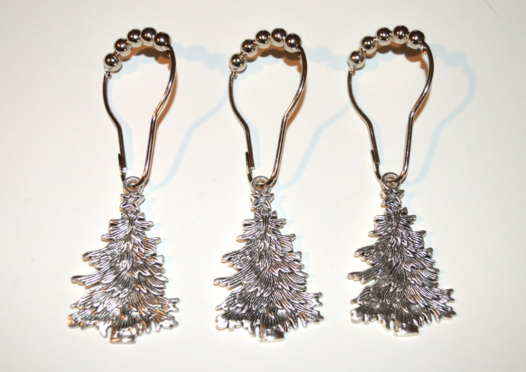 Christmas Tree Shower Curtain Hooks Rings, Set of 12, Silver or Bronze