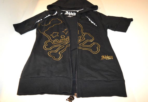 レア！Abbey Dawn ロング丈　スカル　ボーダー　ジップアップパーカー Abbey Dawn Avril Lavigne Hoodie Skull Crossbones Y2K Womens Size