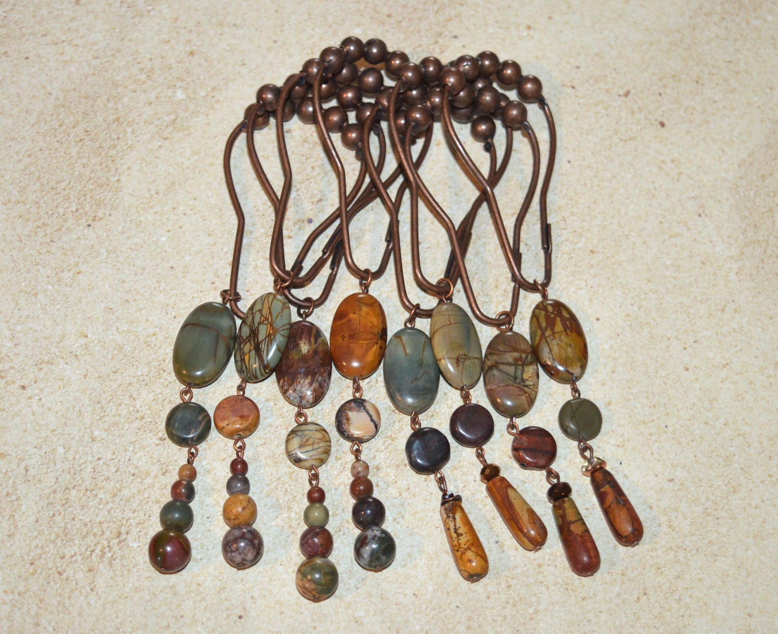 Picasso Jasper Shower Curtain Hooks, Set of 12 - Natural Stone 3"+ Dangles - Black, Teardrop/Czech
