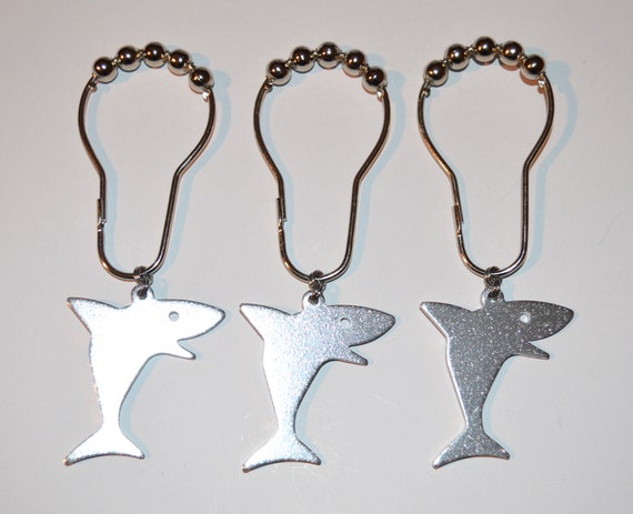 Shark Shower Curtain Hooks, Set of 12, Laser Cut Silver Sparkle
