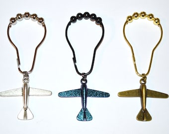 Airplane Shower Curtain Hooks, Set of 12, Antique Bronze, Silver or Shimmer Blue w/premium crystals, Jet Air Plane, World Travel, Pilot