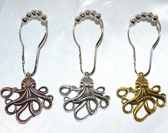Octopus Shower Curtain Hooks, Set of 12, Copper Silver Gold, Metal Alloy, Ocean, Nautical, Coastal, Squid Sea Creature Kraken Cthulhu Beast