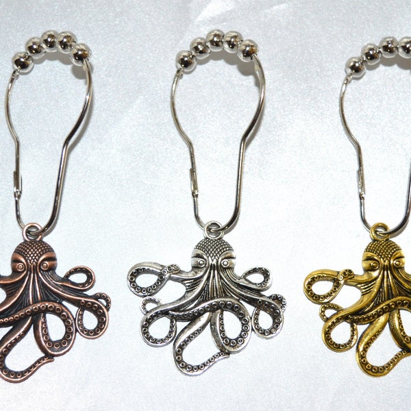 Octopus Shower Curtain Hooks, Set of 12, Copper Silver Gold, Metal Alloy, Ocean, Nautical, Coastal, Squid Sea Creature Kraken Cthulhu Beast