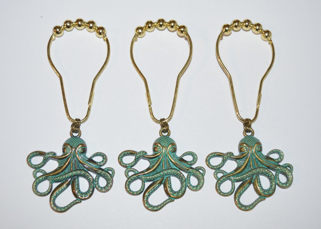 Patina Octopus Shower Curtain Hooks, Set of 12, Antique Bronze With Sea ...