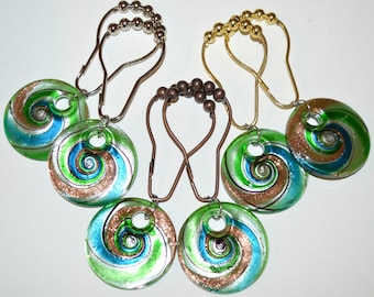 Lampwork Glass Swirl Disk Shower Curtain Hooks Rings, Set of 12, Green Blue w/Silver and Gold Foil Sand, Bold Unique Bath Decor