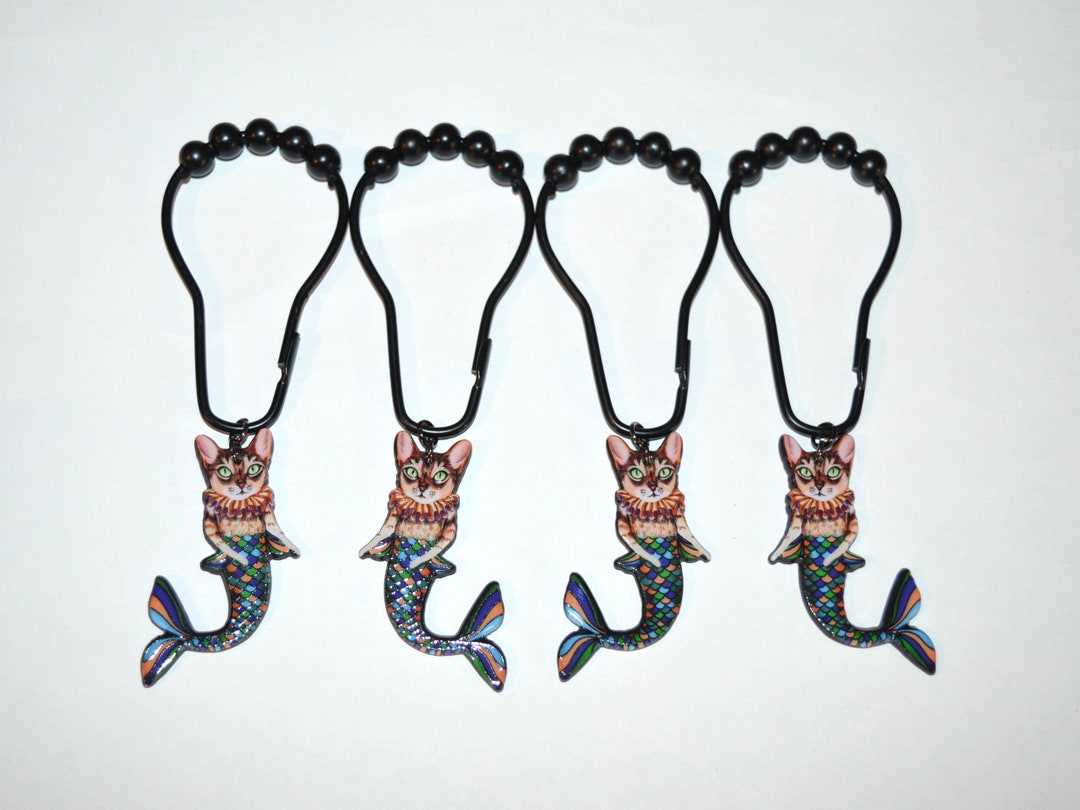 Cat Mermaid Shower Curtain Hooks, Light Weight, Set of 12, Roller Ball Hooks - Black, Silver ...
