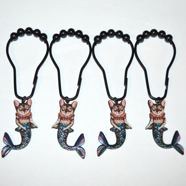 Cat Mermaid Shower Curtain Hooks, Light Weight, Set of 12, Roller Ball Hooks - Black, Silver, Gold or Oil Rubbed Bronze