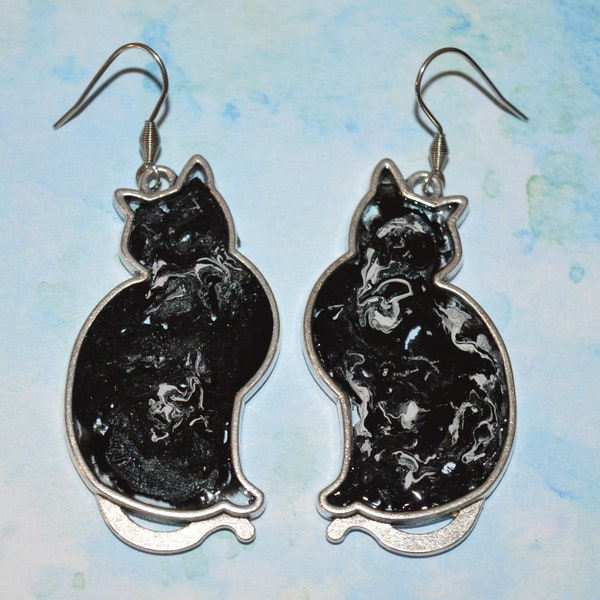 Black Cat Earrings, Marbled Black with white & hematite accents. FREE SHIPPING w/Any Shower Curtain Hooks purchase