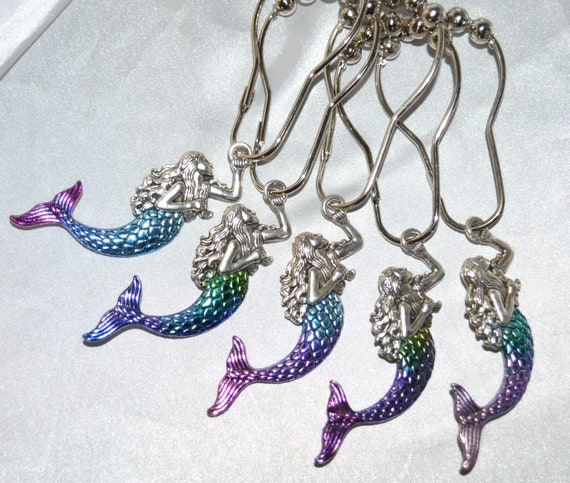 Mermaid Shower Curtain Hooks Hand Painted Inked Rainbow Etsy