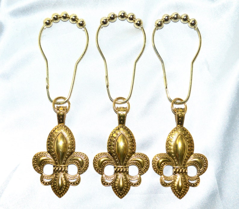 Fleur De Lis Shower Curtain Hooks Set Of 12 Xl Antique Gold Optional Black Patina Shabby French Lily Heraldry Saints Cottage