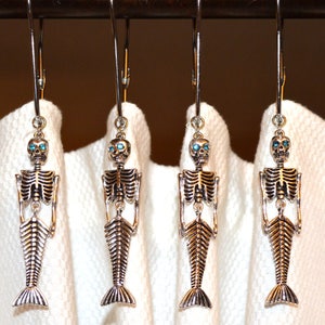 Mermaid Skeleton Shower Curtain Hooks, Silver or Bronze, Set of 12, Articulated, Rhinestone Eyes ...