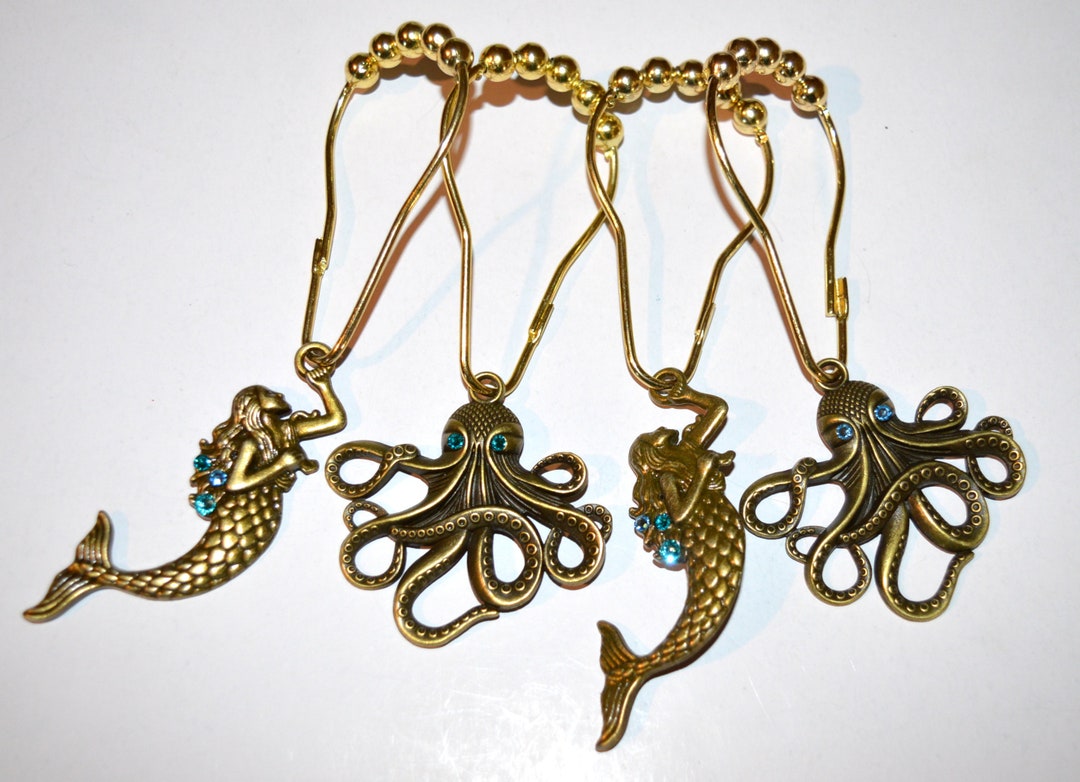Octopus & Mermaid Shower Curtain Hooks, Antique Bronze, With Aqua Blue ...
