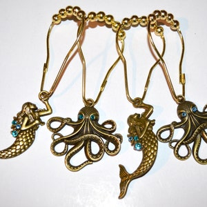 Octopus & Mermaid Shower Curtain Hooks, Antique Bronze, Aqua Blue Crystal Accents