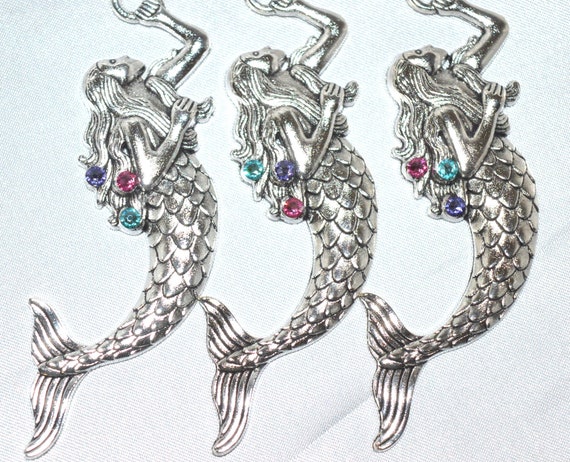 Mermaid Shower Curtain Hooks, Set of 12 - Antique Silver & Premium Crystal Rhinestones