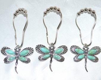 Turquoise Dragonfly Shower Curtain Hooks, Set of 12, Antiqued Silver w/Faux Turquoise Cabochons, Garden Woodland Pond Nature Insect
