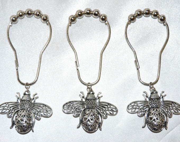 Bee Shower Curtain Hooks, Set of 12, Large Silver Detailed Honey Bees