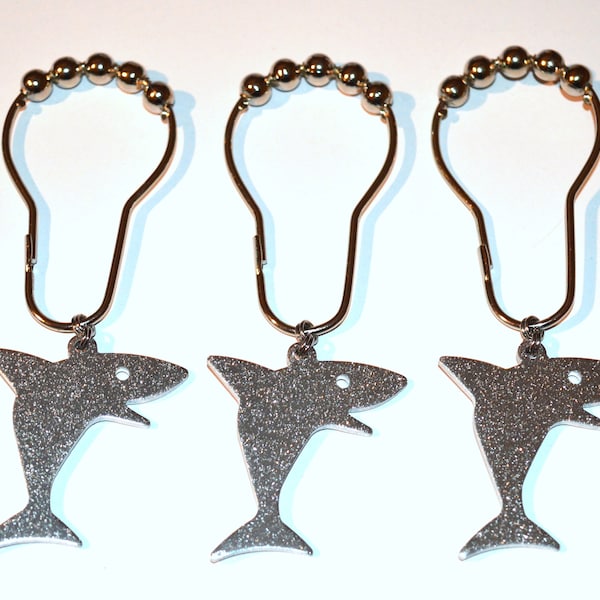 Shark Shower Curtain Hooks, Set of 12, Laser Cut Silver Sparkle Aluminum, Ocean Nautical Coastal Decor, Friendly Kid's Boy's Bath