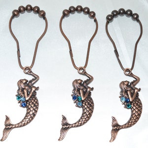 Mermaid Shower Curtain Hooks, Antique COPPER Oil Rubbed Bronze, Your Choice Colors Swarovski Crystals, Set/12, Nautical Coastal Ocean Bath