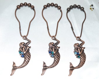 Mermaid Shower Curtain Hooks, Antique COPPER Oil Rubbed Bronze, Your Choice Colors Swarovski Crystals, Set/12, Nautical Coastal Ocean Bath