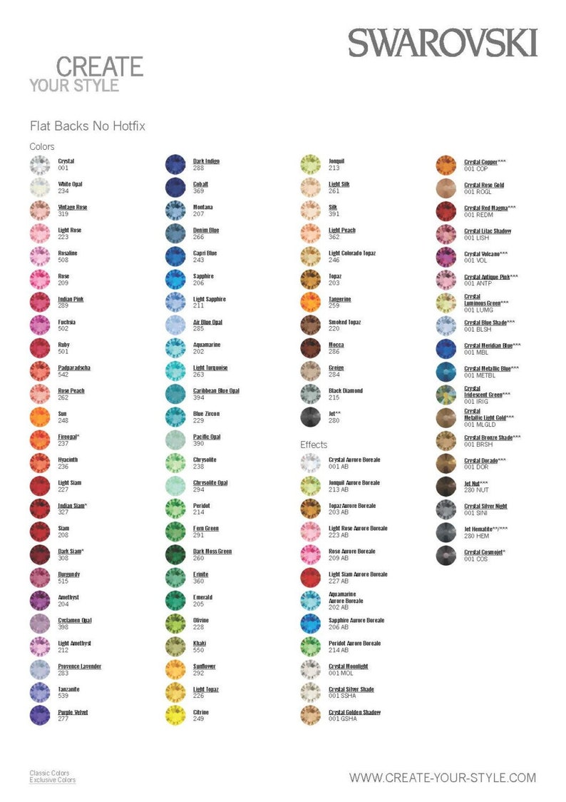 Puede incluir: Una carta de colores de Swarovski con una variedad de cristales de espalda plana. La carta muestra un espectro de colores, incluyendo Crystal, Rose y Zafiro, con n&uacute;meros correspondientes. El texto "CREATE YOUR STYLE" est&aacute; en la parte superior.