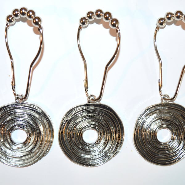 Spiral Shower Curtain Hooks, Antique Silver, Roller Ball Hooks Rings, Set of 12, Carved Concentric Circles Swirls, Abstract Organic