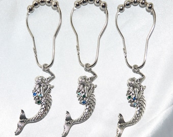 Mermaid Shower Curtain Hooks, Silver & Premium Crystal Rhinestones, Color Choice Blue Aqua Purple, Ocean Bath Decor, Nautical Beach Fantasy