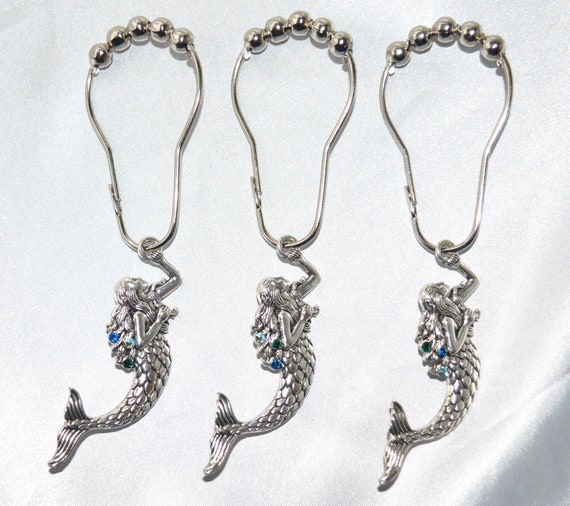Mermaid Shower Curtain Hooks, Silver & Premium Crystal Rhinestones