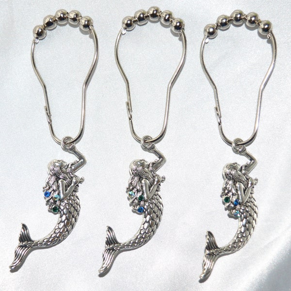 Mermaid Shower Curtain Hooks, Silver & Premium Crystal Rhinestones, Color Choice Blue Aqua Purple, Ocean Bath Decor, Nautical Beach Fantasy