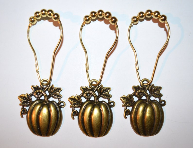 Pumpkin Shower Curtain Hooks Set of 12 Antique Bronze Fall Gold Roller Ball