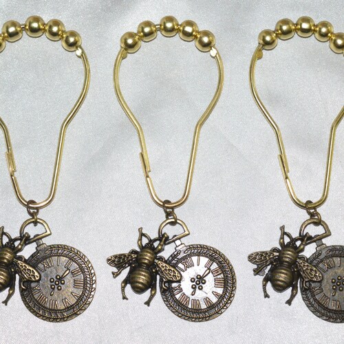 Bee And Clock Shower Curtain Hooks Set, Steampunk Shower Curtain Hooks