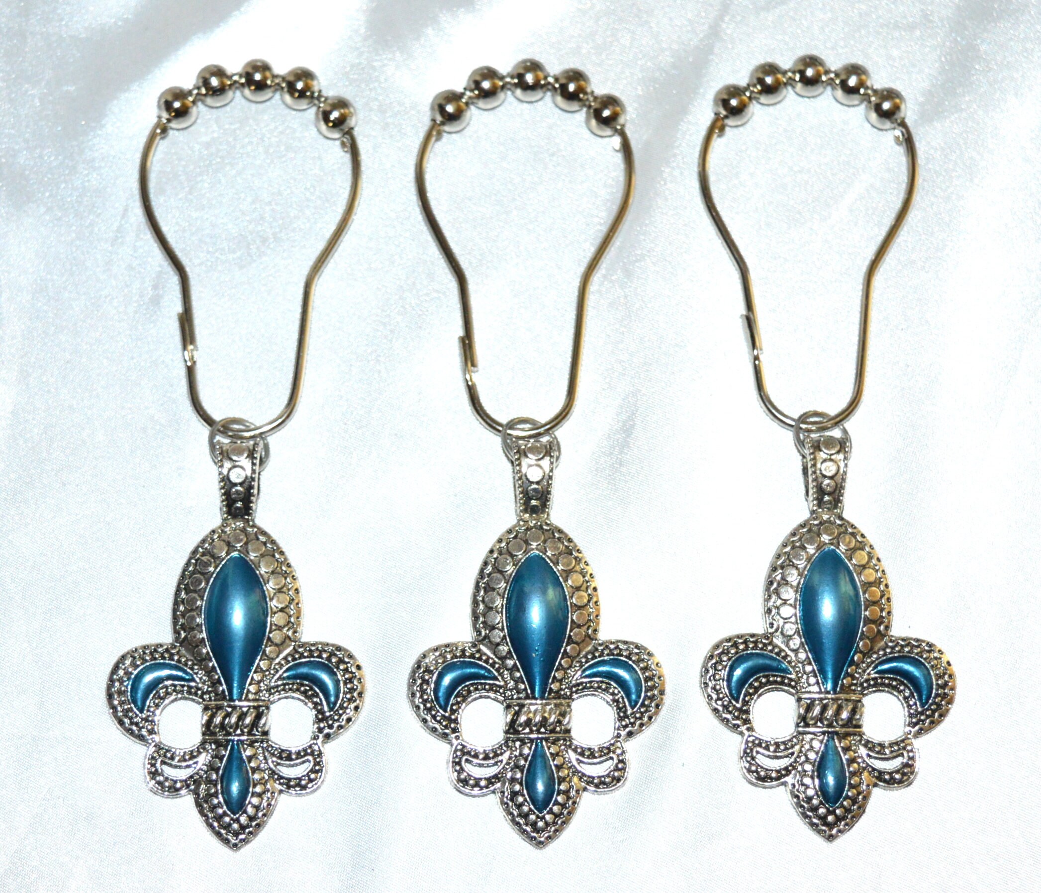 Fleur De Lis Shower Curtain Hooks Set Of 12 Antique Silver With French Blue Enamel Shabby Lily Royal Heraldry Parisian Cottage Chic