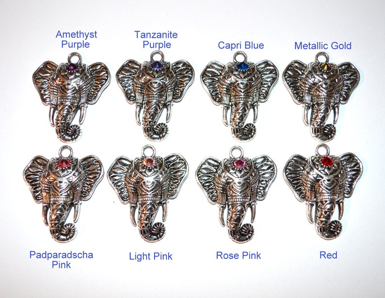 May include: Silver-toned elephant charms with various colored gemstone accents. The charms are labeled with the following colors: Amethyst Purple, Tanzanite Purple, Capri Blue, Metallic Gold, Padparadscha Pink, Light Pink, Rose Pink, and Red.