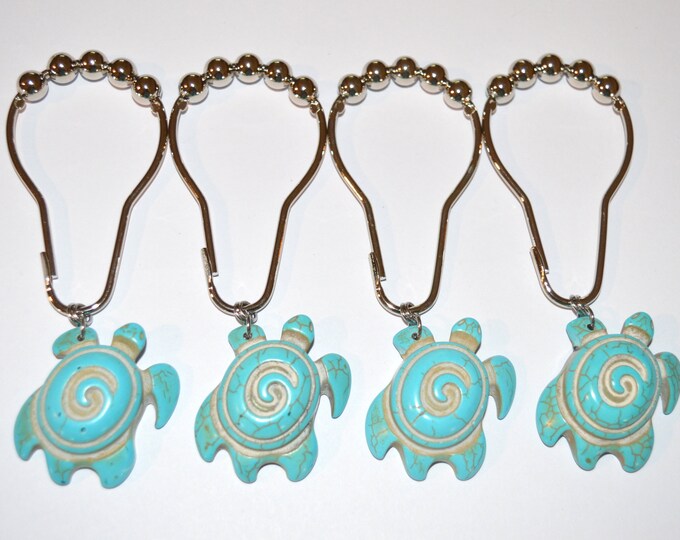 Tribal Sea Turtle Shower Curtain Hooks, Set of 12, Carved Spiral Turquoise Howlite Stone, Beach