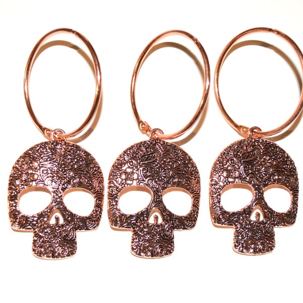 Rose Gold Sugar Skull Shower Curtain Hooks, Set/12, Bright Copper, 2" Diameter Rings, Candy Skull, Day of the Dead Skeleton Gothic Halloween