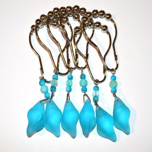 Sea Shell Beach Glass Shower Curtain Hooks, Set of 12 - Aqua Blue, Stainless Steel