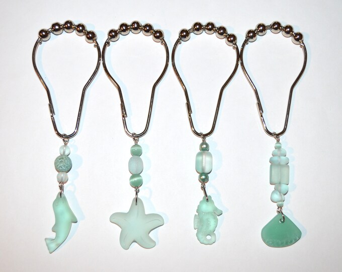 Seafoam Sea Glass Shower Curtain Hooks, Dolphin Seahorse Starfish Clam