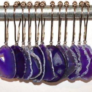 Purple Agate Slice Shower Curtain Hooks, Set of 12, Round Chunky Natural Stone Slices, Druzy Geode Gemstone, Roller Ball Hooks, Bath Jewelry