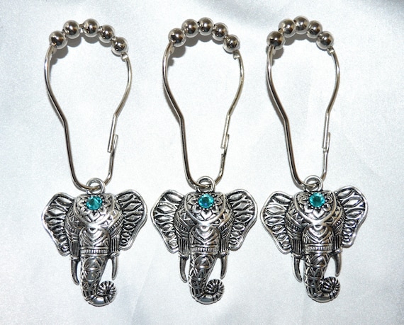 Elephant Shower Curtain Hooks, Set of 12 - Crystal Headpiece, Choice of Colors